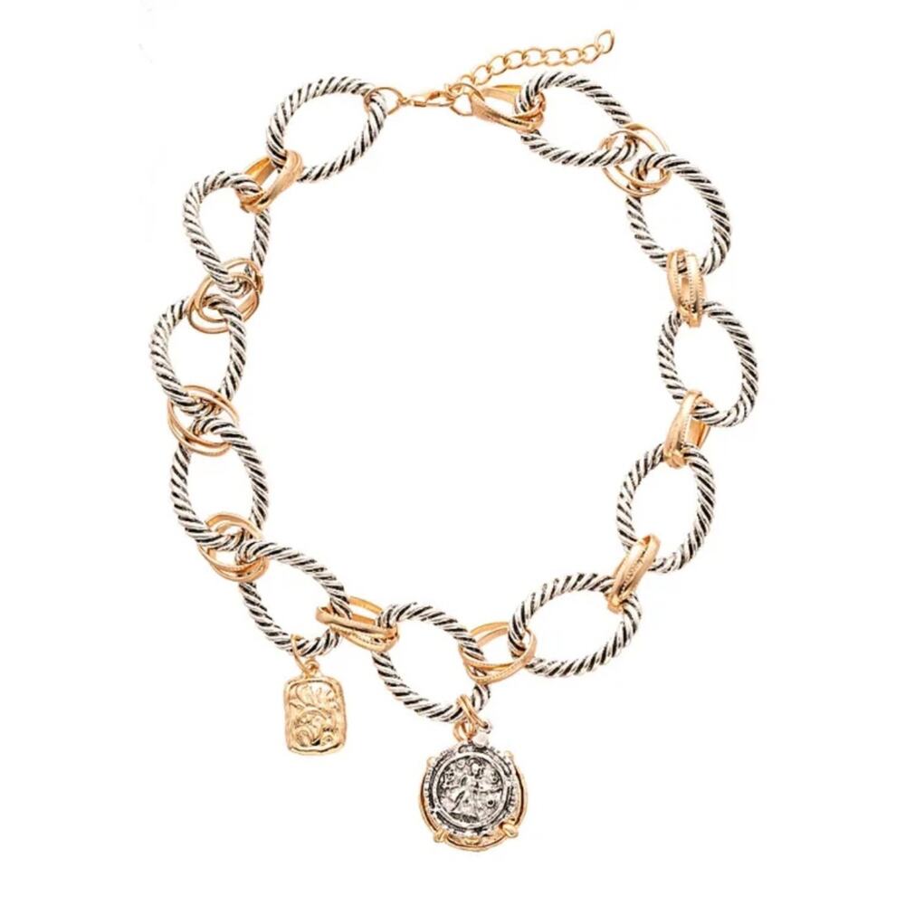 Zara Stainless Steel Two Tone Coin Statement Necklace Chunky Vintage Luxe Boho - Picture 12 of 15